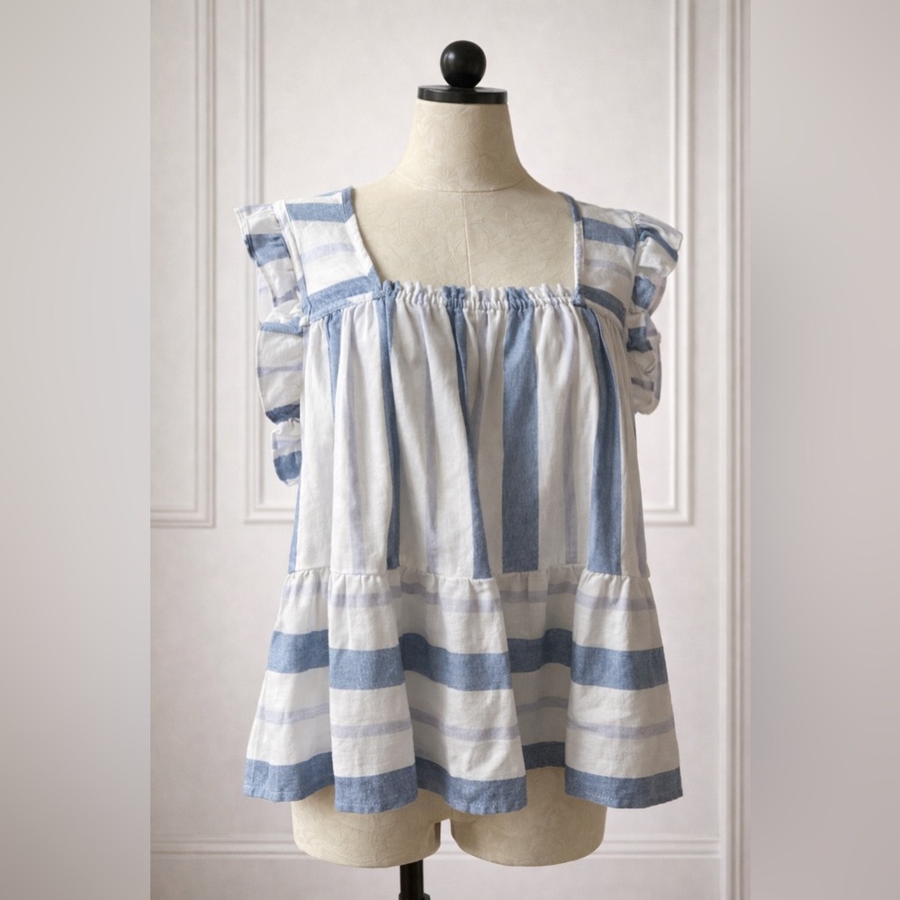 Blue & White Striped Ruffle-Sleeve Women's Top